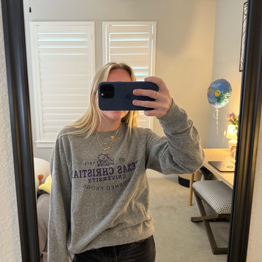 Gray TCU crew neck sweatshirt